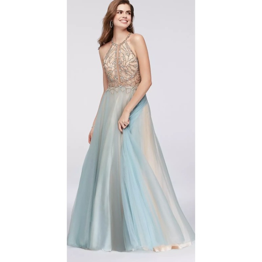 Glamour High Neck Crystal Beaded Halter Gown Tulle Skirt Prom Pageant Blue Sz 8